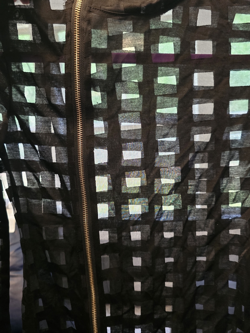 Black Mesh Sheer Bodycon Dress Geometric Pattern Zipper High Neck Long Sleeve S